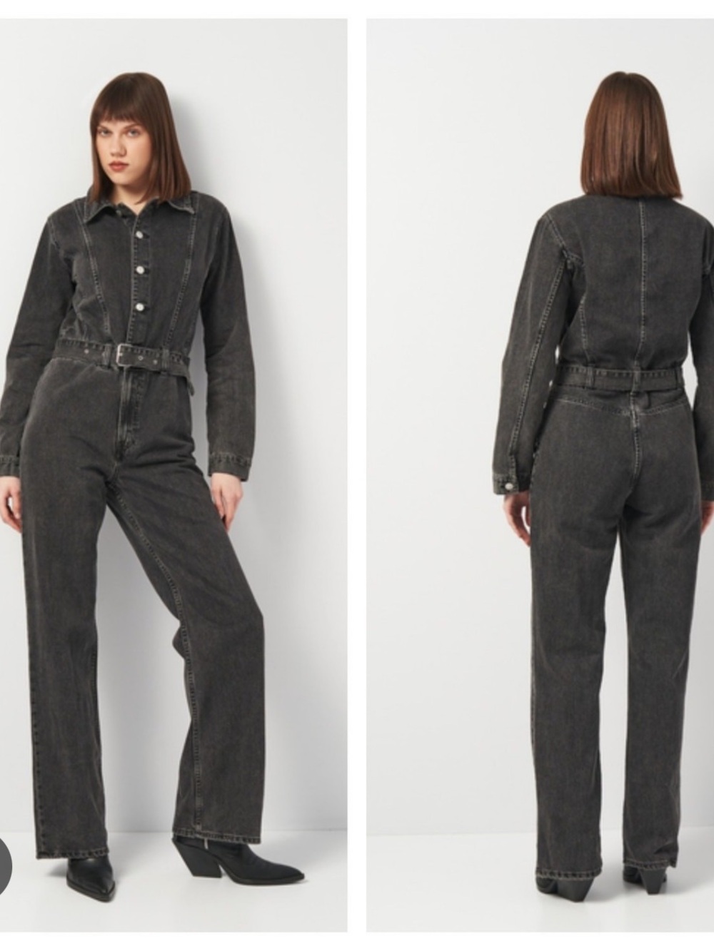 Zara Anthracite Gray Denim Jumpsuit with Belted Waist